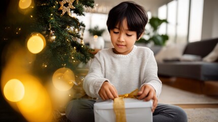 Child opening christmas gift cozy home holiday celebration indoor setting heartwarming moment