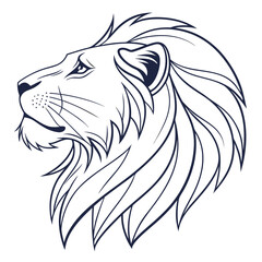Majestic lion head profile illustration with a flowing mane and determined gaze rendered in a bold clean line art style on a white background