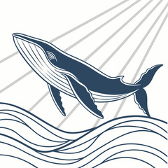 Stylized dark blue humpback whale breaching from stylized blue ocean waves under a bright white sky with grey sun rays emanating from the top right corner