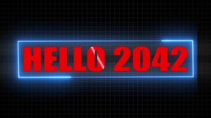 Red Text Hello 2042 Inside Blue Neon Rectangle on Dark Grid Background future greeting