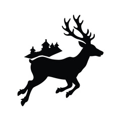 Reindeer in Flight Silhouette over Snowy Village