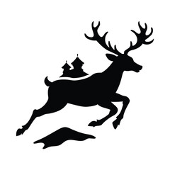 Reindeer in Flight Silhouette over Snowy Village