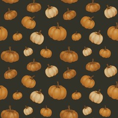 Boho autumn pumpkins, hand draw cartoon halloween background, October seamless pattern