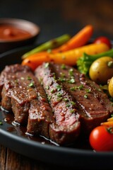 Close-up, juicy beef, colorful roasted veggies, closeup, herb, roasted