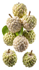 Fototapeta premium A visually appealing arrangement of ripe custard apples showcasing their unique segmented texture isolated on transparent background
