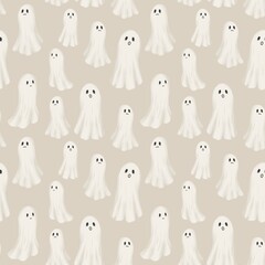 Cute autumn cartoon ghosts halloween background, Hand draw October seamless pattern