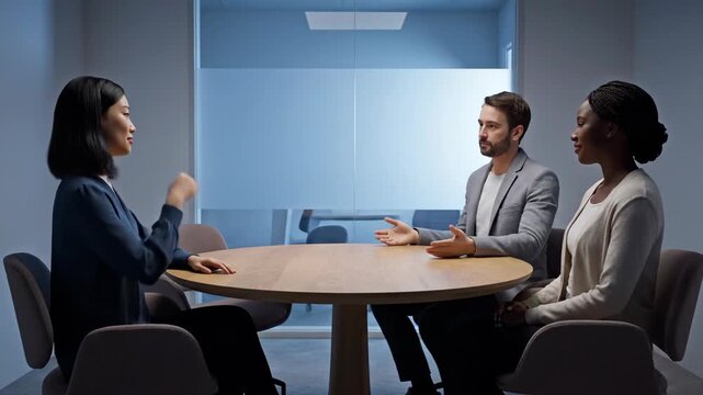 Group of Multiethnic Business People Having a Meeting at Round Table in Modern Office