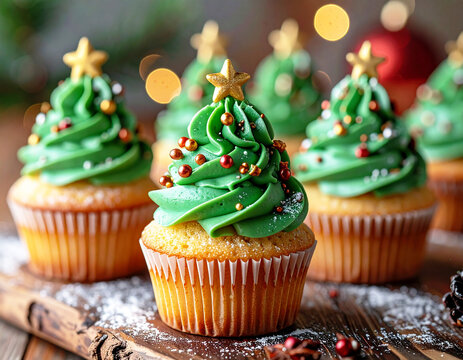 Christmas tree shaped cupcakes topped with stars. AI