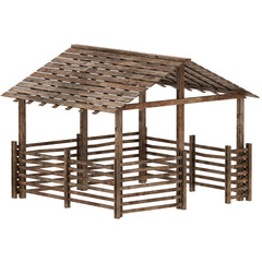 3d render wooden barn open roof fence with transparent background