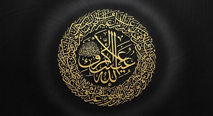 Intricate golden islamic calligraphy oval design on dark textured background