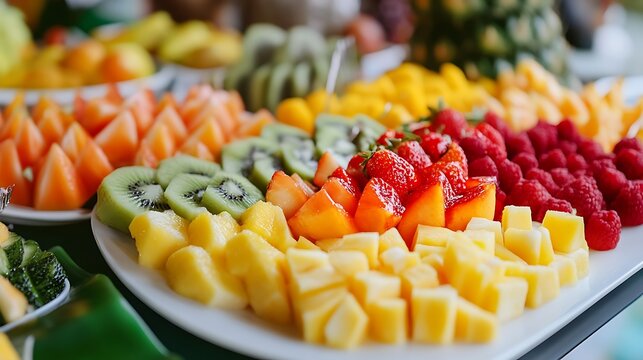 Vibrant fruit platter featuring mango, kiwi, strawberries, raspberries and melon for a refreshing summer treat