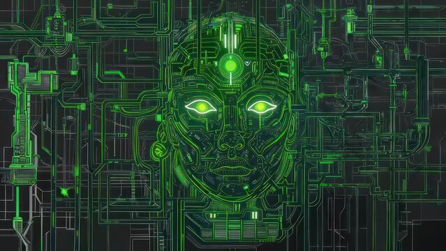 Digital AI Face with Glowing Green Eyes on Circuit Board Background.