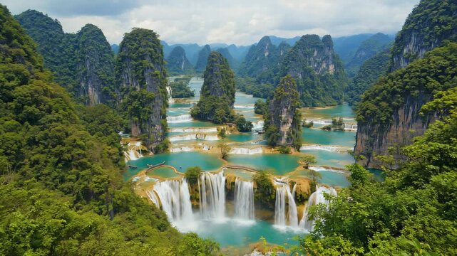 Detian Waterfall, China Majestic Detian waterfall flowing through karst limestone mountains and emerald pools, dramatic natural scenery 