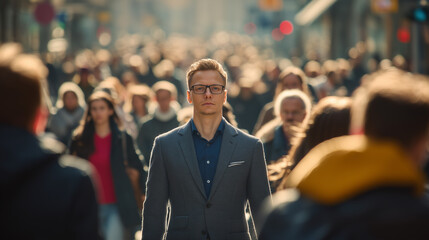Portrait of a man on the street against the backdrop of a crowd of people