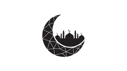 Obraz premium Stunning Islamic crescent moon silhouette embracing a mosque skyline with geometric patterns, perfect for Ramadan, Eid, and cultural celebrations, invoking spiritual peace and tradition.