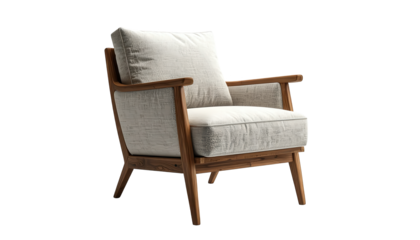 The elegant armchair showcases a modern design with a wooden frame, complemented by a light-colored fabric upholstery, creating a comfortable and inviting ambiance against a stark black background.