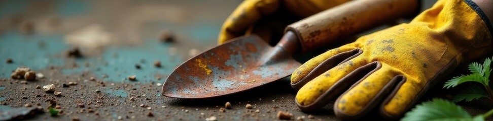 Close-up of rusty trowel and gardening gloves , fabric, hobby, aged