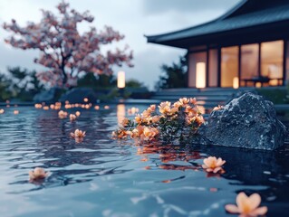 Tranquil evening reflection japanese garden photography serene environment close-up view nature's beauty