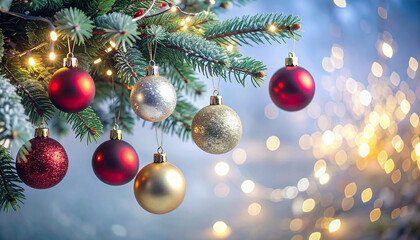 Red, Gold, and Silver Ornaments Hanging on a Christmas Tree Branch with Warm Bokeh Lights