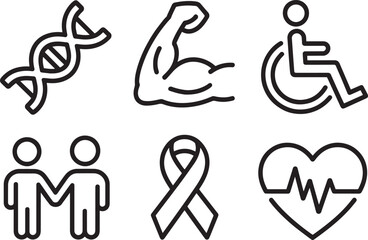Healthcare wellness icons set, DNA, muscle, wheelchair, couple, ribbon, heartbeat