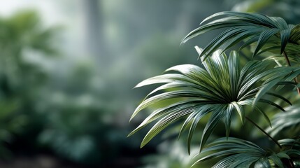 Lush green leaves glisten in soft light, creating a serene atmosphere in a tranquil environment surrounded by foliage.