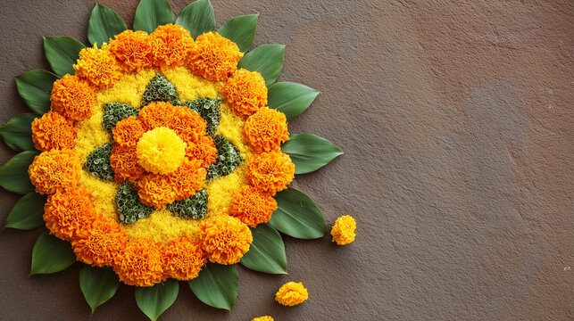 Traditional Flower Rangoli with Leaves for Ayyappa Puja Festival Celebrations Symbolizing Devotion, Spiritual Prayer, Hindu Ritual and Sacred Offering