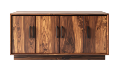Elegant four-door cabinet made from richly grained wood, showcasing a modern design with dark metal handles against a stark black background, creating a refined and contemporary aesthetic for...