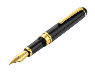 Detailed  shot showcases a sophisticated black fountain pen featuring gold accents, creating a striking contrast against the stark black background, emphasizing elegance and luxury in its design.