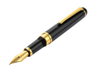 Detailed  shot showcases a sophisticated black fountain pen featuring gold accents, creating a striking contrast against the stark black background, emphasizing elegance and luxury in its design.