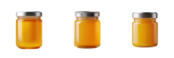 Close-up photography of honey jar collection in bright kitchen setting on transparent background
