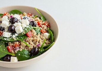 Salad bowls with spinach feta cheese olives red onions and quinoa arranged on left side