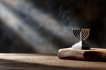 A beautifully lit menorah stands on a wooden surface, surrounded by swirling smoke, capturing a serene and contemplative atmosphere.