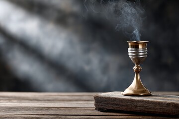 A golden chalice on a wooden surface, emitting wisps of smoke, creates an ethereal atmosphere with soft lighting and a blurred background.