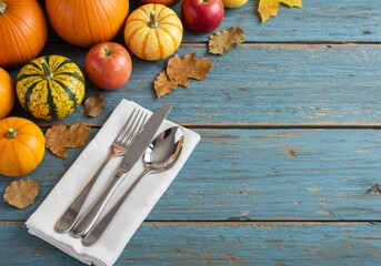 Rustic table setting with napkin cutlery and fall produce on blue wooden surface