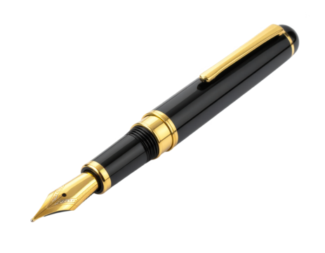 Detailed  shot showcases a sophisticated black fountain pen featuring gold accents, creating a striking contrast against the stark black background, emphasizing elegance and luxury in its design.