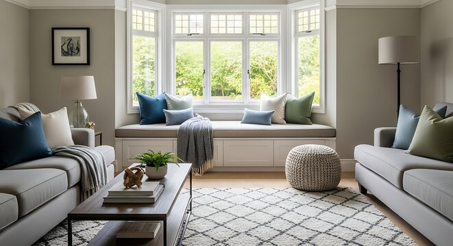 Cozy Living Room with Bay Window Seat and Natural Light.