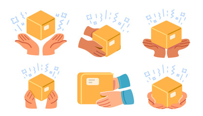 Hands and cardboard box. Parcel handover, logistics, express delivery service, receiving packages concept