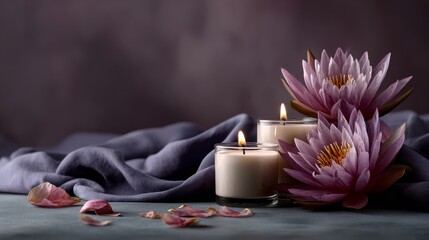 A serene arrangement featuring lit candles and pink lotus flowers on a textured surface, complemented by soft fabric and scattered petals.