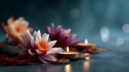 A serene arrangement of water lilies and candles, creating a tranquil atmosphere with soft lighting and colorful petals.