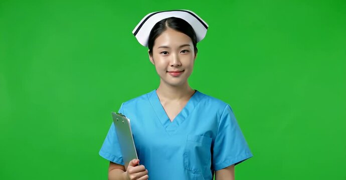 Smiling Asian nurse in scrubs holding a clipboard on green screen.