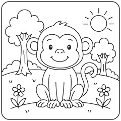A friendly, smiling cartoon monkey with a curled tail, sitting in a sunny jungle or forest clearing with trees and flowers. A simple outline for a children's coloring page.