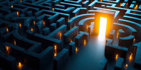 Abstract maze with glowing exit symbolizing solution and hope, illuminated dark labyrinth with bright doorway and small lights