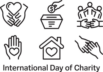 International Day of Charity line art icons set, donation, volunteer work, giving aid symbols