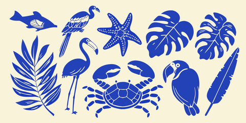 Collection of blue tropical elements including birds crab starfish fish and leaves on a cream background © Ankan