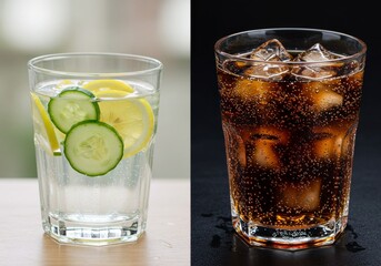 Split Image Showing Detox Water with Cucumber and Lemon and Sugary Soda with Ice