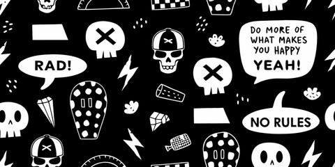 Whimsical hand drawn black and white pattern featuring skulls coffin and motivational phrases