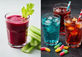 Split Image Showing Fresh Beetroot Juice and Celery Sticks and Soda Fountain Drinks