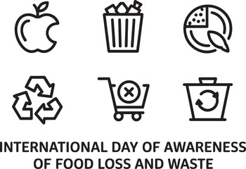 International Day of Awareness of Food Loss and Waste icon set line style vector. apple, trash can, pie chart, recycle, no shopping, recycling bin