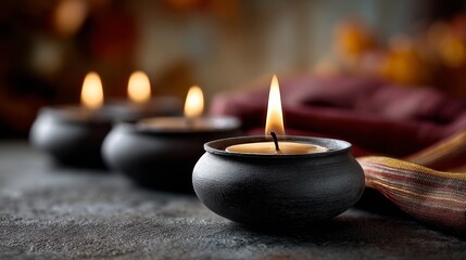 A serene arrangement of lit candles in dark ceramic holders, creating a warm and inviting atmosphere for relaxation and ambiance.