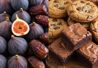 Split Image Showing Fresh Figs and Dates and Chocolate Chip Cookies and Fudge Brownies